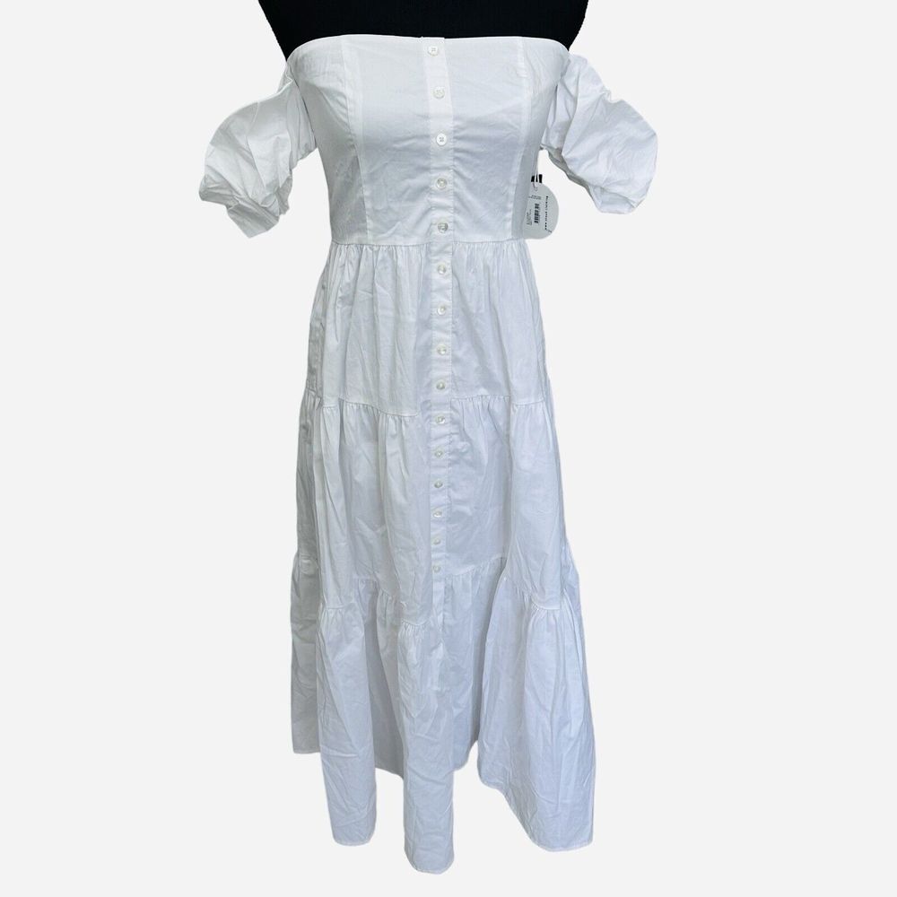 NWT Staud Women's White Off-The-Shoulder Short Puff-Sleeves Midi Dress Size 4